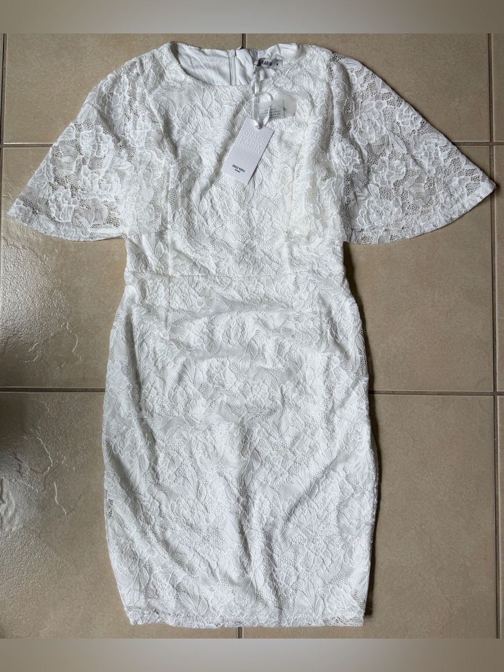 NWT Grace Karin White Lace Cocktail Dress Flutter Sleeve Sheath Wedding Party M
